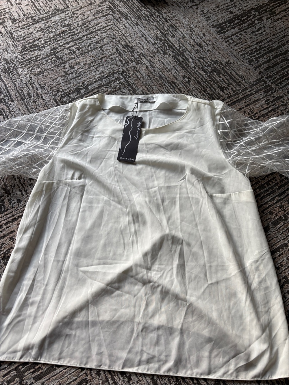 Men's Cream Short-Sleeve Tee with Sheer Patterned Sleeves